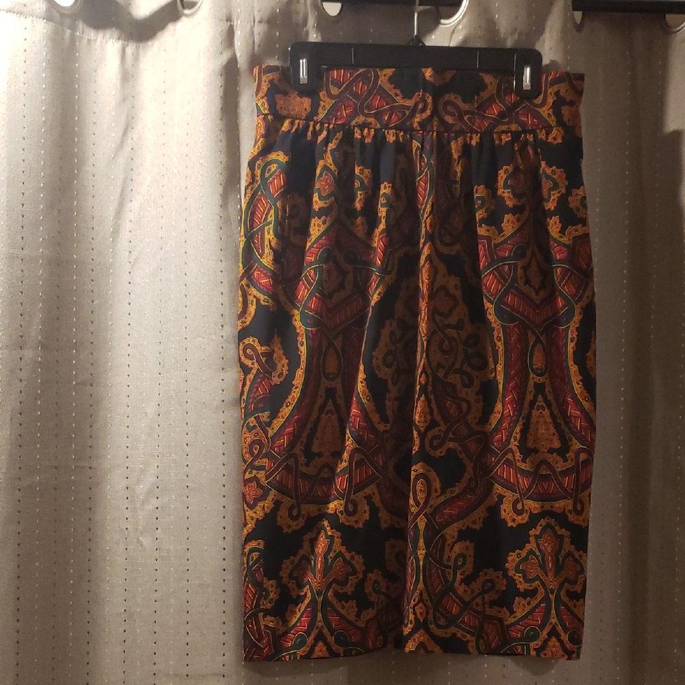 Vintage Gloria Sachs Lined Elegant Black and Gold Patterned Skirt, Size 12